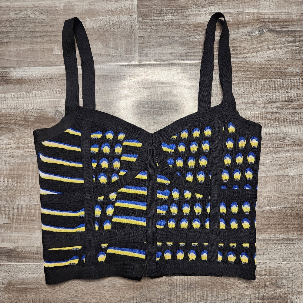 bebe Black and Yellow Patterned Crop Top